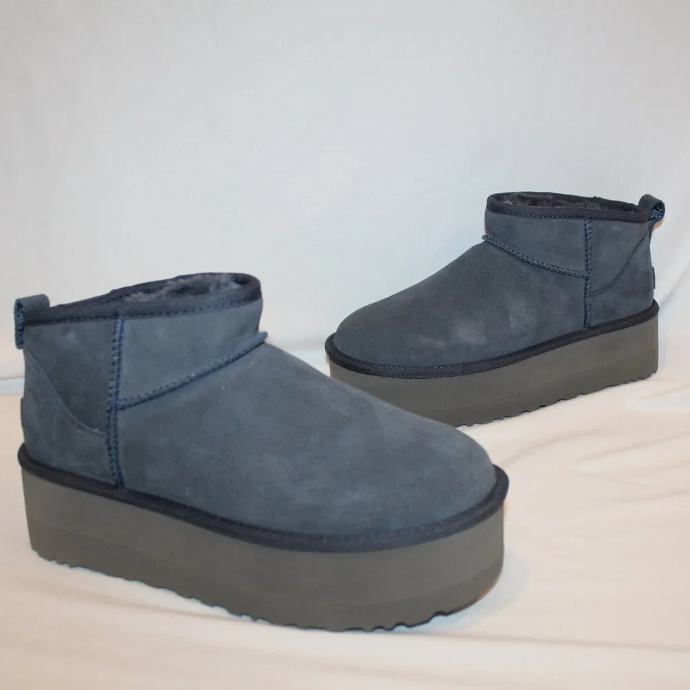 NIB UGG WOMEN'S ULTRA MINI PLATFORM‎ SUEDE SHEARLING LINED ANKLE BOOTS NAVY BLUE